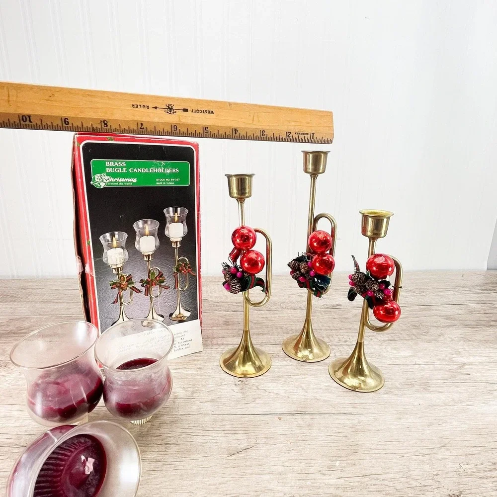Vintage Brass Horn‎ Candlestick Set: MCM Holiday Votive Holders